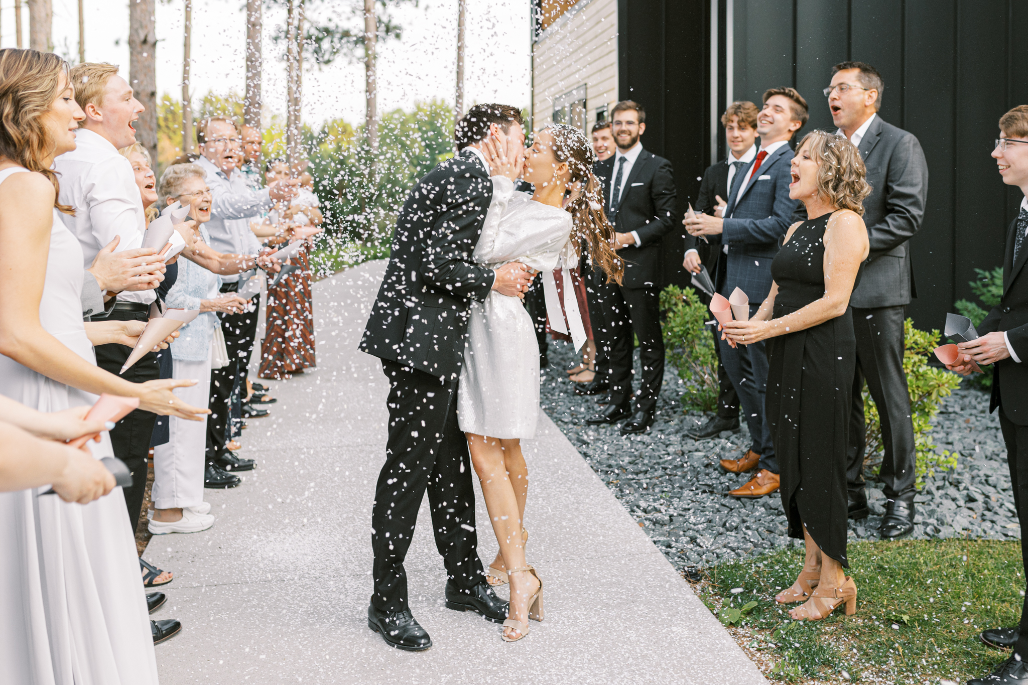 Bride and Groom confetti exit at Pinewood Wedding Venue